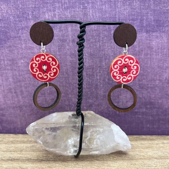 Upcycled Wooden Button Earring-Handmade-Hypoallergenic-Reclaimed Jewelry, Boho - Picture 1 of 7